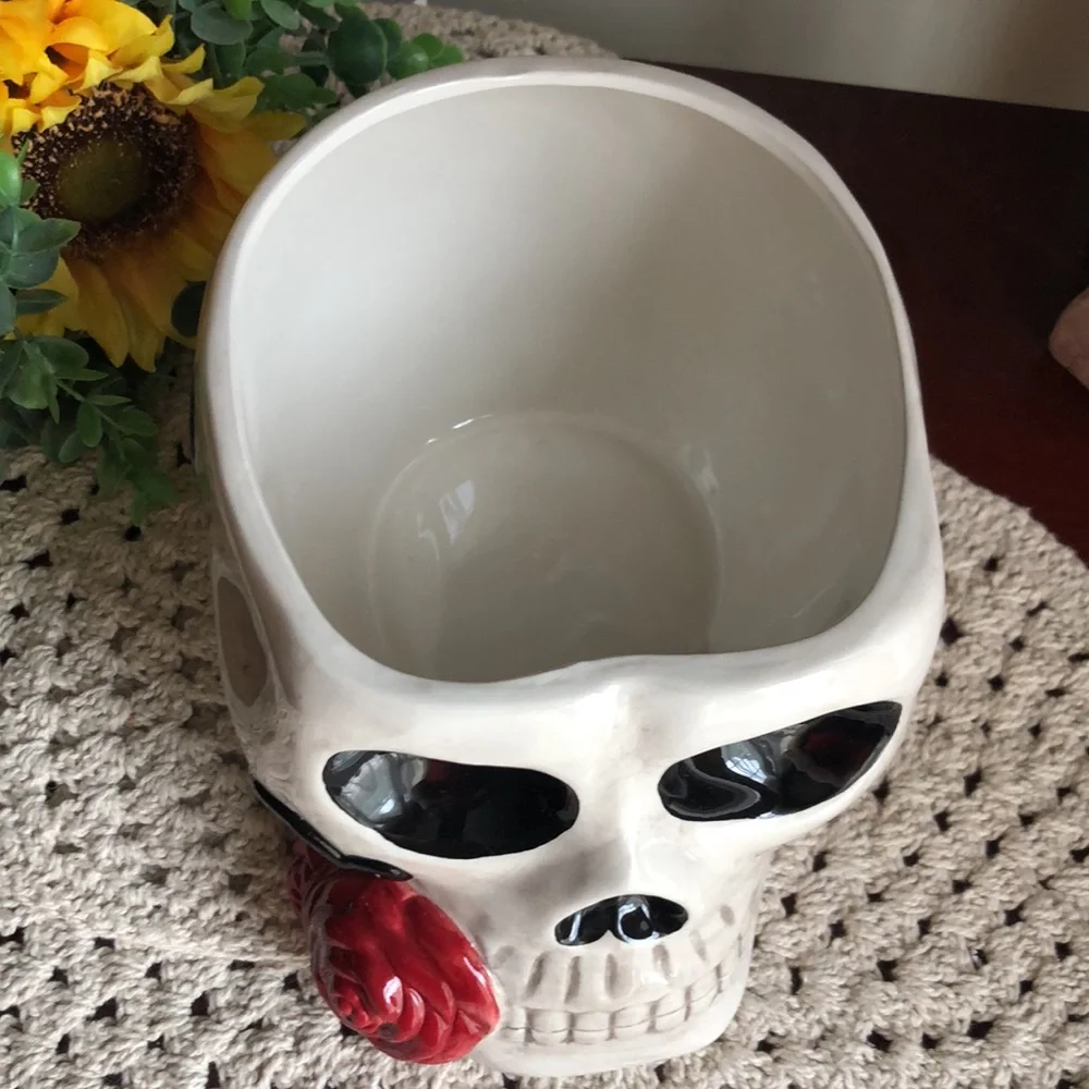Gothic Ceramic Skull with Red Rose Accent - Halloween Decor